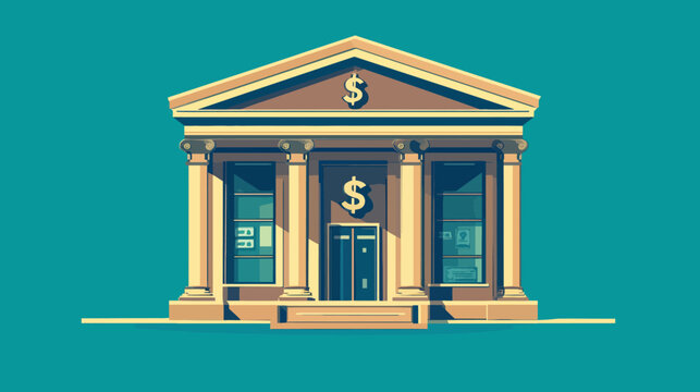 Digital illustration of a bank building with classical architecture featuring columns and a dollar sign emblem