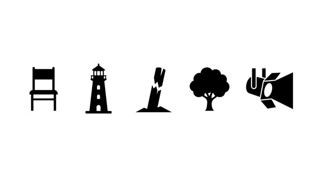 Collection of simple black silhouette icons including a chair, lighthouse, broken tree stump, tree, and spotlight on a white background