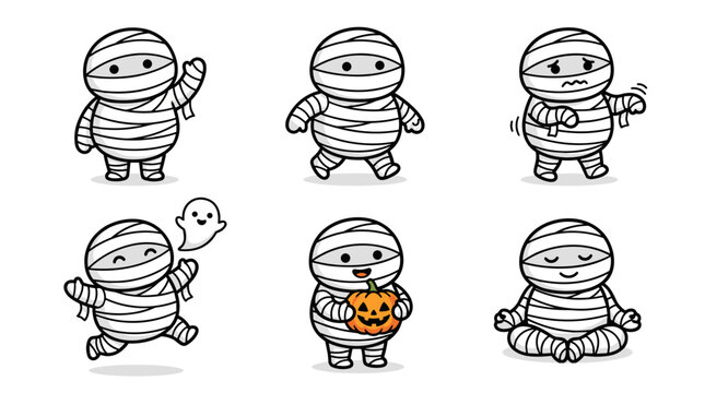 Cute cartoon mummy characters in various poses for Halloween celebration and spooky fun