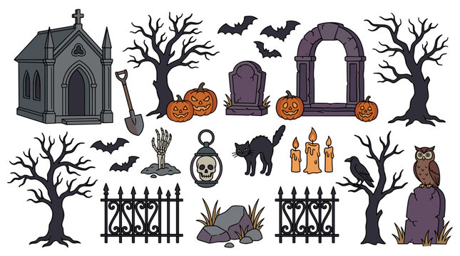 Halloween spooky graveyard elements including tombstone crypt trees bats pumpkin lantern cat owl and fence isolated on white background
