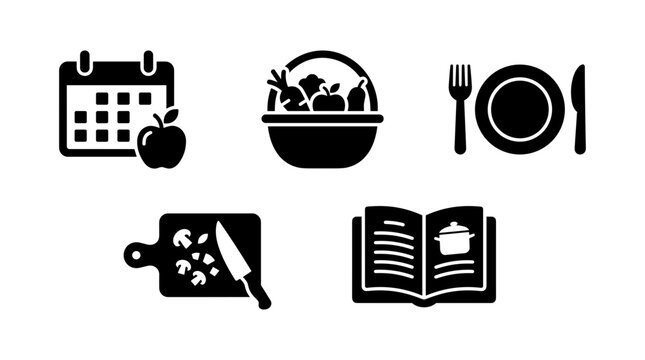 Collection of black and white icons representing healthy eating and cooking concepts like calendar meal planning grocery shopping and recipe book