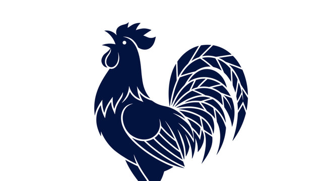 Stylized dark blue rooster silhouette with intricate tail feathers standing proudly against a white background