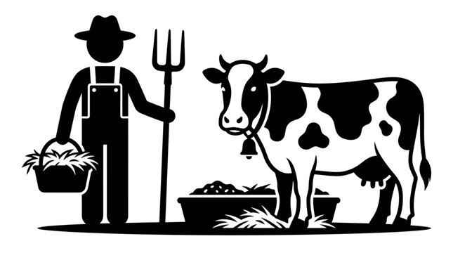 Farmer with pitchfork and basket of hay standing next to a cow eating from a trough on a farm