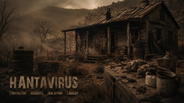 Abandoned rural house with dead rats and hantavirus danger in a dark isolated mountain landscape