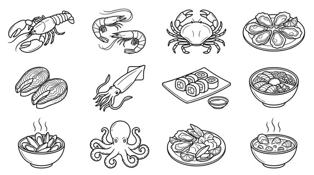Collection of hand drawn seafood icons including lobster shrimp crab oysters mussels squid sushi octopus and soup