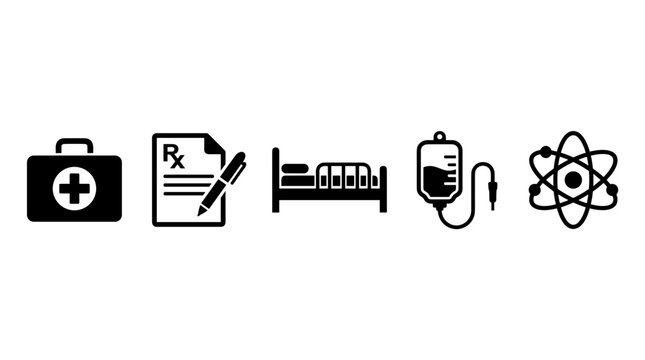 Collection of medical icons including first aid kit prescription bed IV drip and atom symbol representing healthcare science and treatment