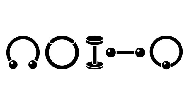 Collection of black and white piercing jewelry icons including horseshoe rings barbells and captive bead rings on a white background