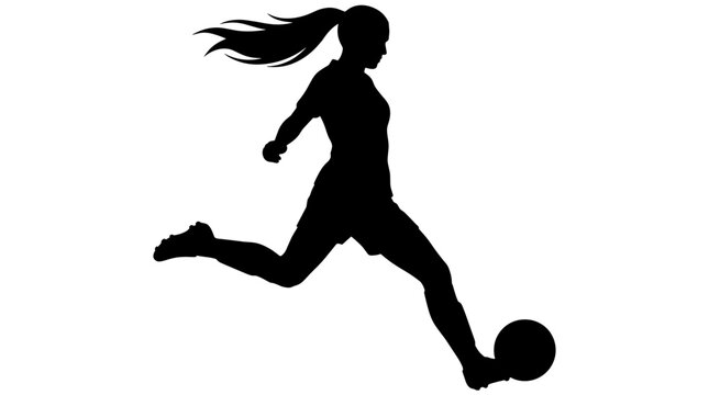 Silhouette of a female soccer player kicking a ball with her right foot in a dynamic pose on a white background