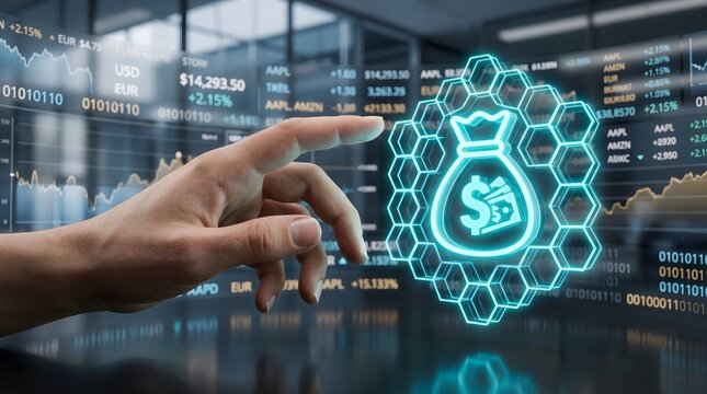 Human hand points to glowing money bag in hex grid futuristic financial concept display.