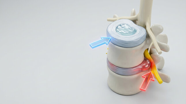 Healthy disc vs herniated disc shows compression on spinal nerve causing pain and discomfort in lower back area with clear anatomical structure and medical illustration
