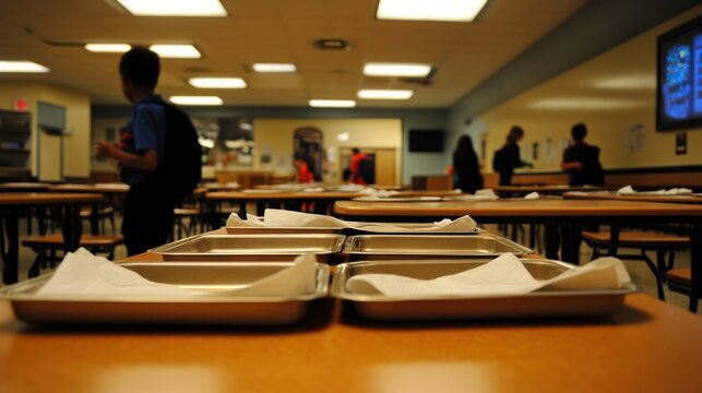 School cafeteria with empty trays and students in background