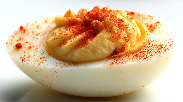 Gourmet deviled egg half with creamy yolk filling and red paprika garnish close up, appetizer