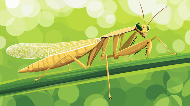 Cartoon detailed grasshopper on green blade with blurred background