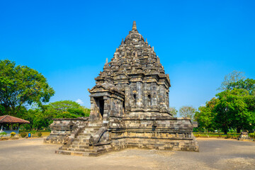 Naklejka premium Prambanan Temple, a magnificent 9th-century Hindu temple complex in Yogyakarta, Indonesia. This UNESCO World Heritage Site is the largest Hindu temple compound in Indonesia, dedicated to the Trimurti.