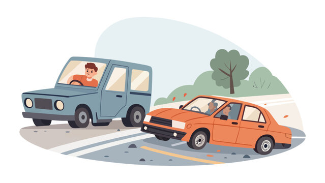 Two cars involved in a collision on a paved road with car crash traffic accident motor vehicle automobile accident damage cars traffic jam danger road accident collision automobile insurance