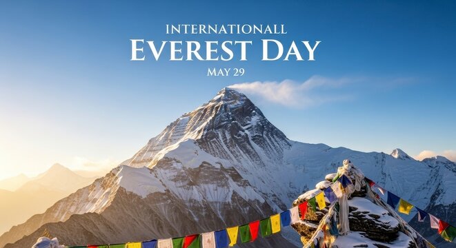 Mount everest with colorful prayer flags on international everest day