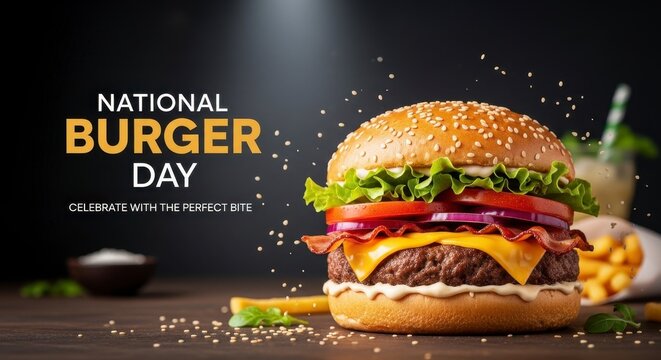 Juicy burger on wooden plate for national burger day celebration