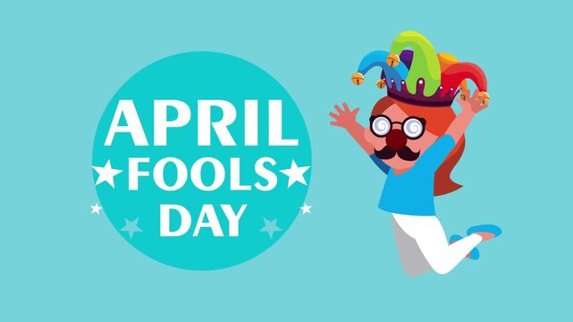 April fools day animation with girl wearing jester hat and disguise mask over blue background.