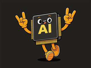 Fototapeta premium Cute AI Chip Mascot Doing Rock Hand Gesture