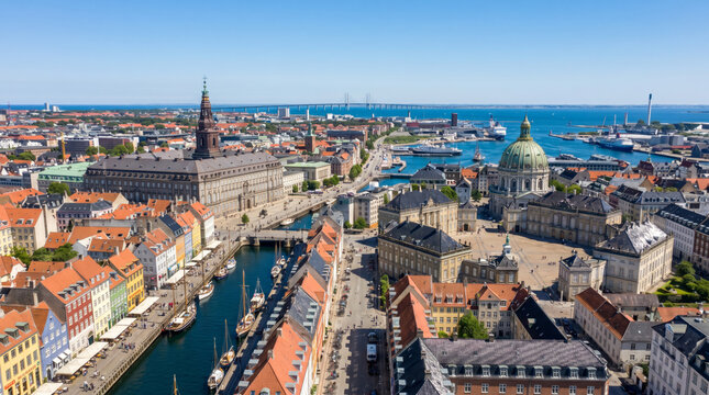 Aerial view of Nyhavn canal and Copenhagen cityscape with historic buildings and harbor on a sunny day.