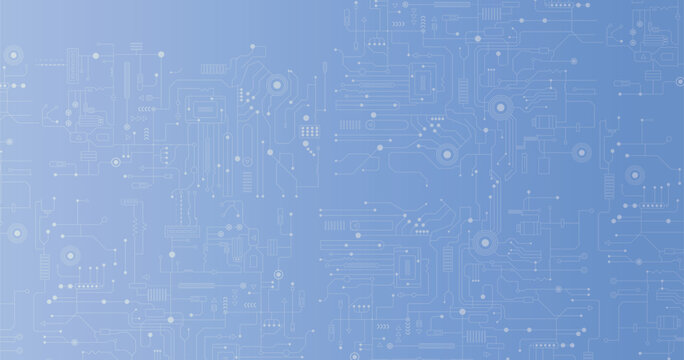 Illuminated circuit traces and glowing electronic nodes form digital data pathways across a dark blue surface featuring geometric microchip structures