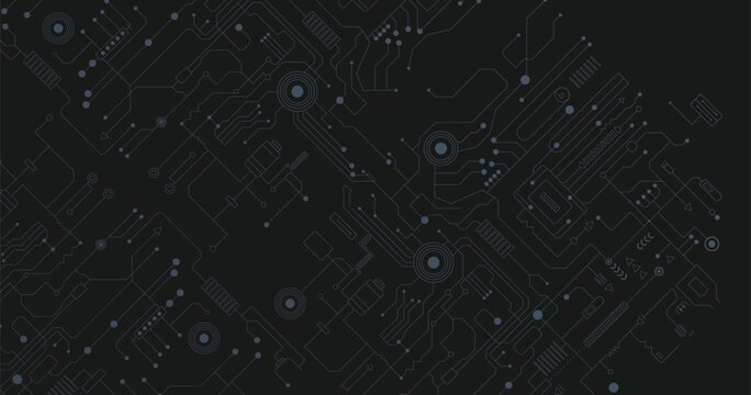 Illuminated circuit traces and glowing electronic nodes form digital data pathways across a dark blue surface featuring geometric microchip structures