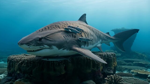 Tiger Shark Resting on a Coral Reef Surrounded by Remora Fish Underwater