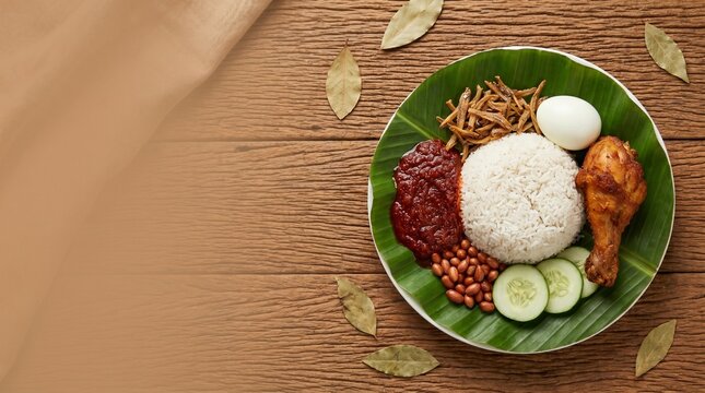 Nasi Lemak dish with chicken egg and rice on banana leaf.