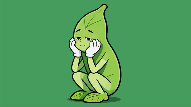Sad cartoon leaf character sitting alone looking upset