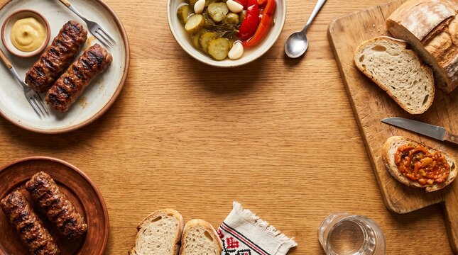 Traditional Romanian Food Spread on Rustic Wooden Table.