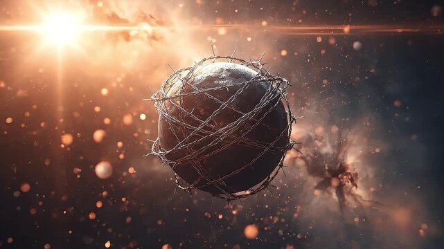 A dark, textured sphere wrapped in strings floats amidst glowing particles and fiery clouds, creating a cosmic, mysterious, and dynamic visual