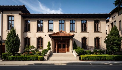 Obraz premium A large, beige, multi-story building with a brown door and roof