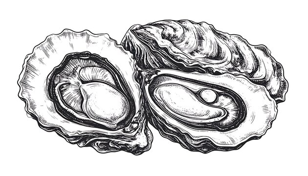 A detailed drawing of two opened oysters