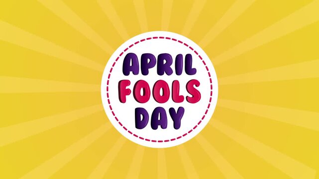 Animated april fools day greeting with purple and pink text on yellow sunburst background.