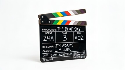 Naklejka premium Professional black movie clapperboard with colorful markings and production text on a white background