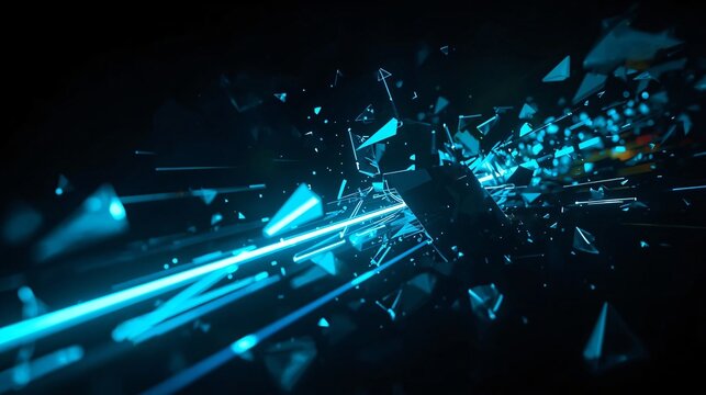 Abstract background with glowing blue light streaks and geometric shards exploding in dark space