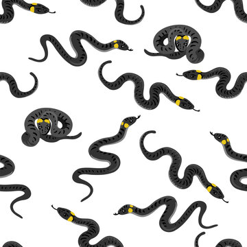 Vector drawing seamless pattern with grass snake, animals at white background, hand drawn illustration