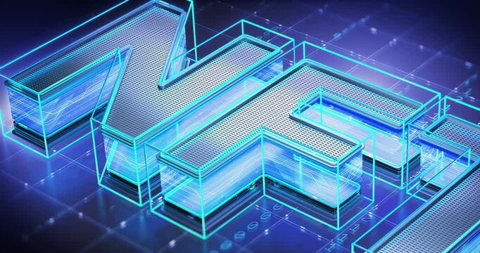 Bright NFT lettering glows in a futuristic blockchain inspired digital environment with blue neon effects.