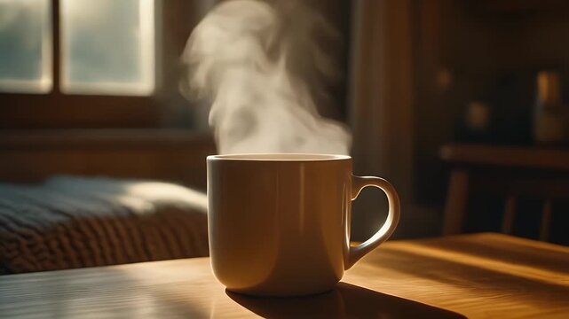 Warm, steaming cup of coffee or tea on a rustic wooden table in a cozy room, bathed in soft sunlight