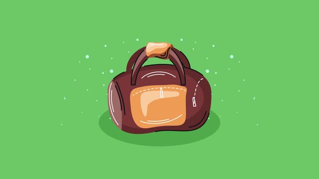 Animated leather travel duffel bag cartoon illustration on green background with motion graphic elements.