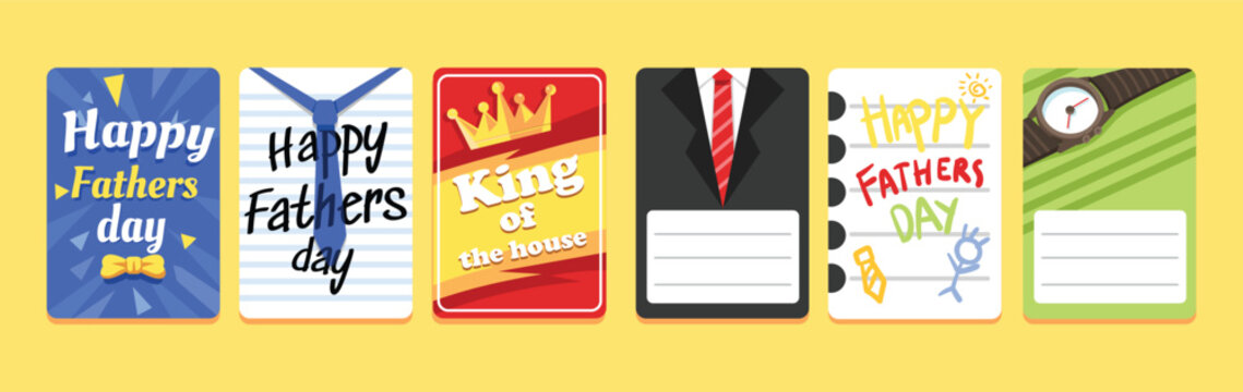 Happy fathers day cards collection vector illustration with tie crown suit and watch elements