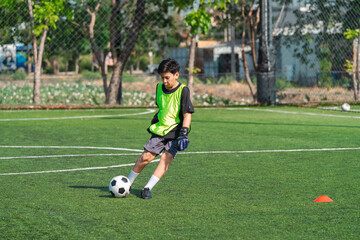Obraz premium World cup concept with soccer ball or football player, youth soccer player on green field practicing kick with ball in sunny outdoor training session