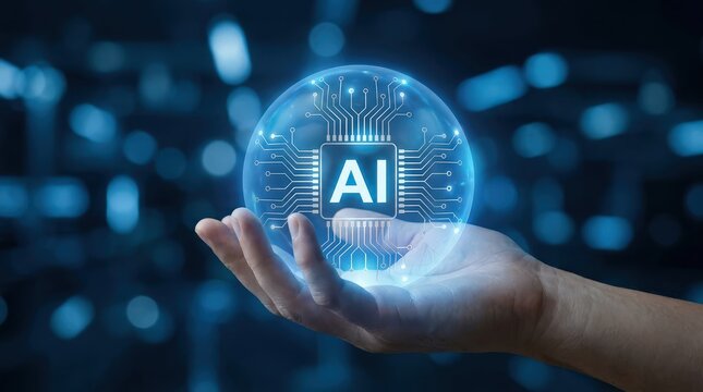 Artificial intelligence concept with ai chip in glowing sphere held by human hand