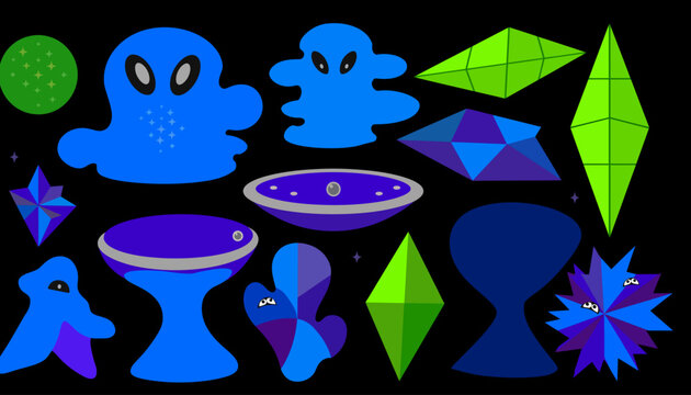 Abstract blue alien blobs and green geometric crystal shapes space fantasy mystical vector graphic elements