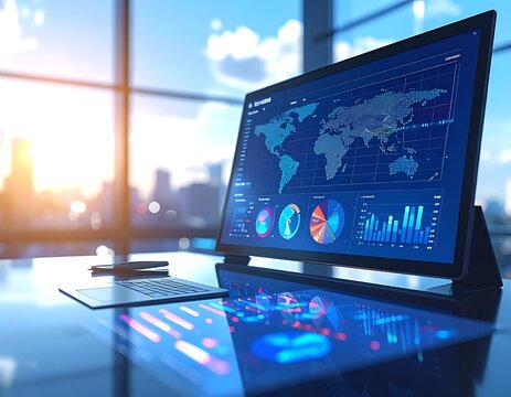 A futuristic computer monitor displaying a world map and graphs