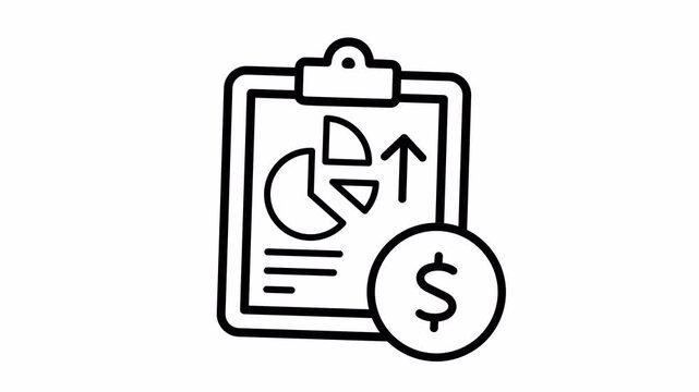 Financial report clipboard with pie chart and dollar coin line art animation for business data analysis presentation