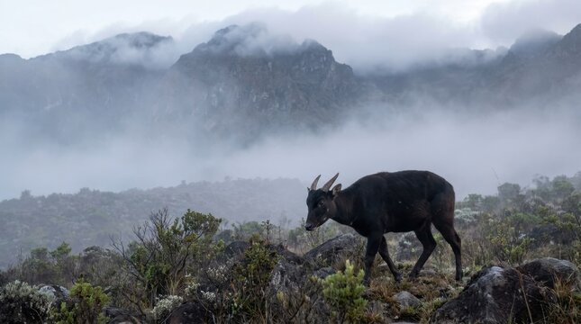 Rare Mountain Anoa Wandering through Ethereal Mist in High Altitude Indonesian Highlands