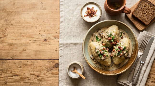 Traditional Polish Potato Dumplings Dish on Rustic Table.