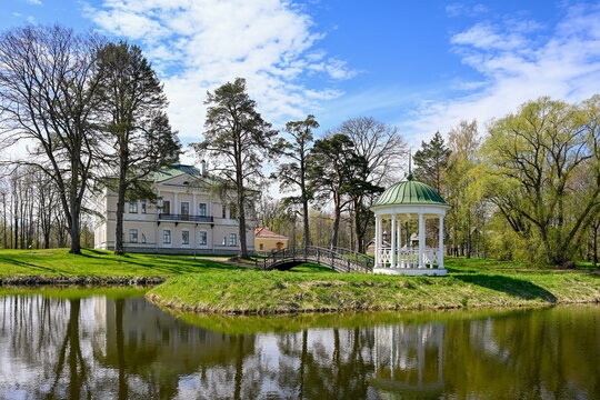 Decorative pond with an openwork gazebo at the Orlova-Chesmenskaya estate in Vitoslavlitsy, Novgorod region of Russia