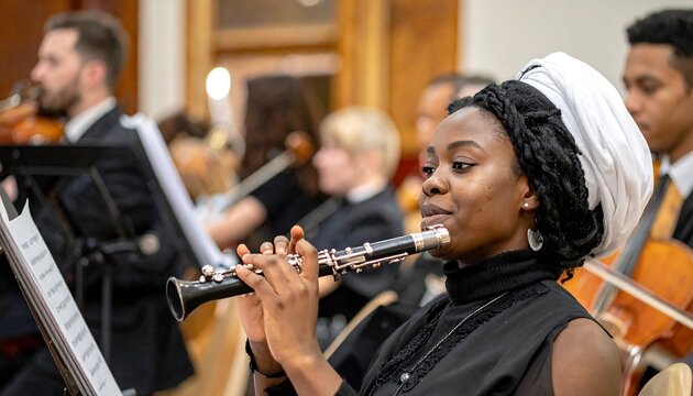 Musician playing clarinet in an orchestra performance with other instruments